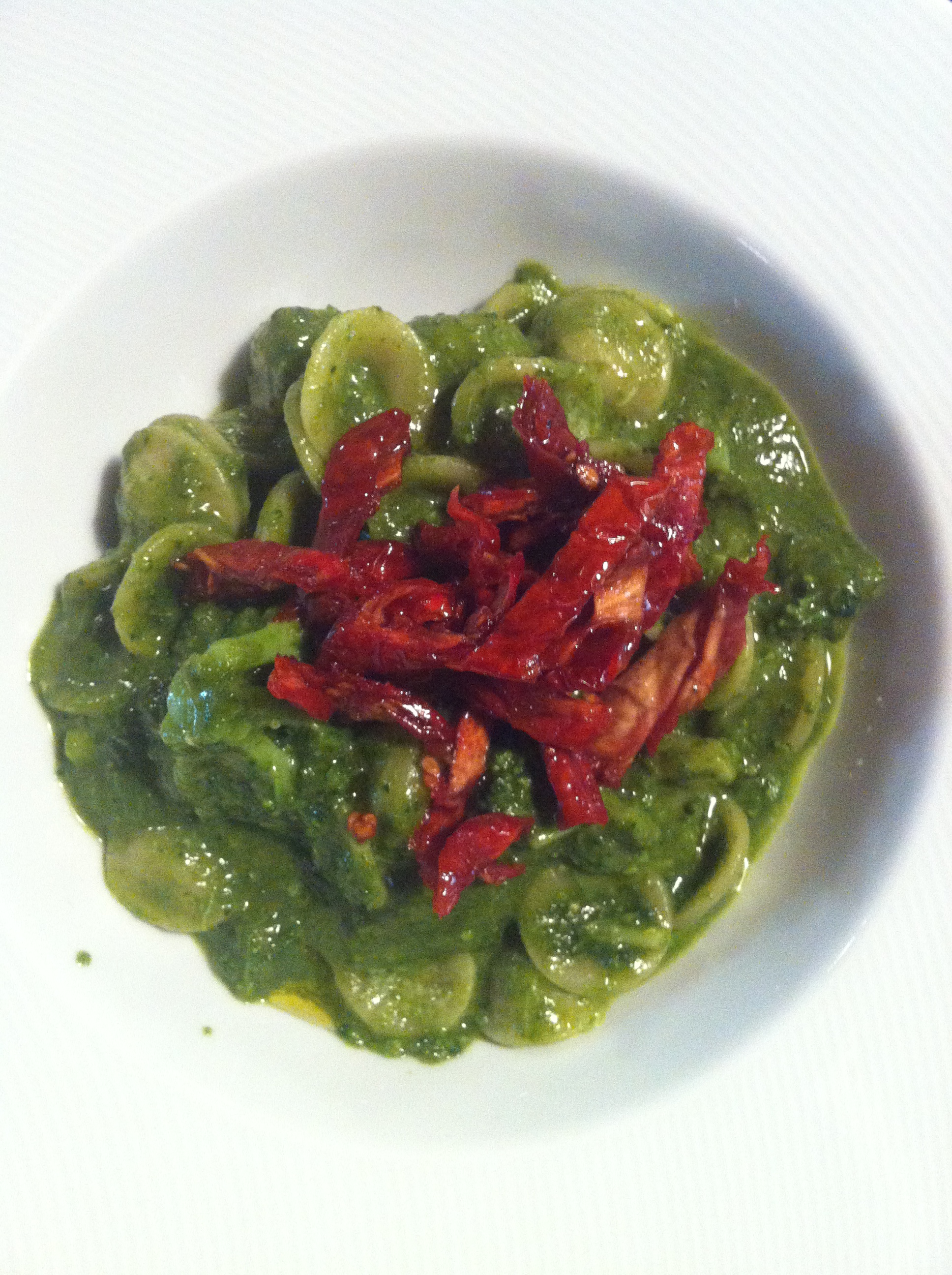 home made pasta with broccoli sauce and dried tomatoes